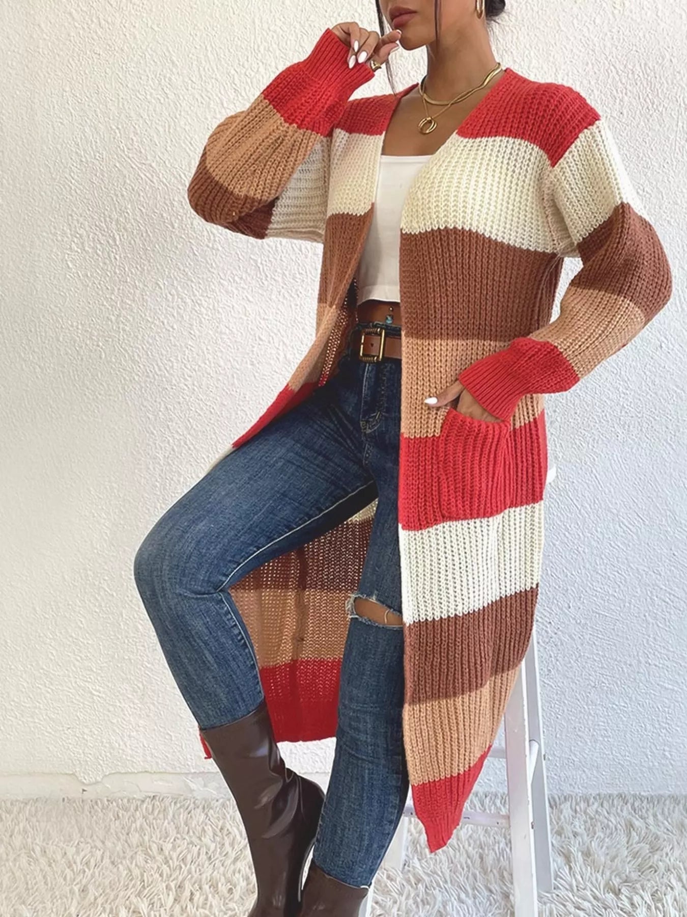 Striped Color Block Open Front Knit Cardigan