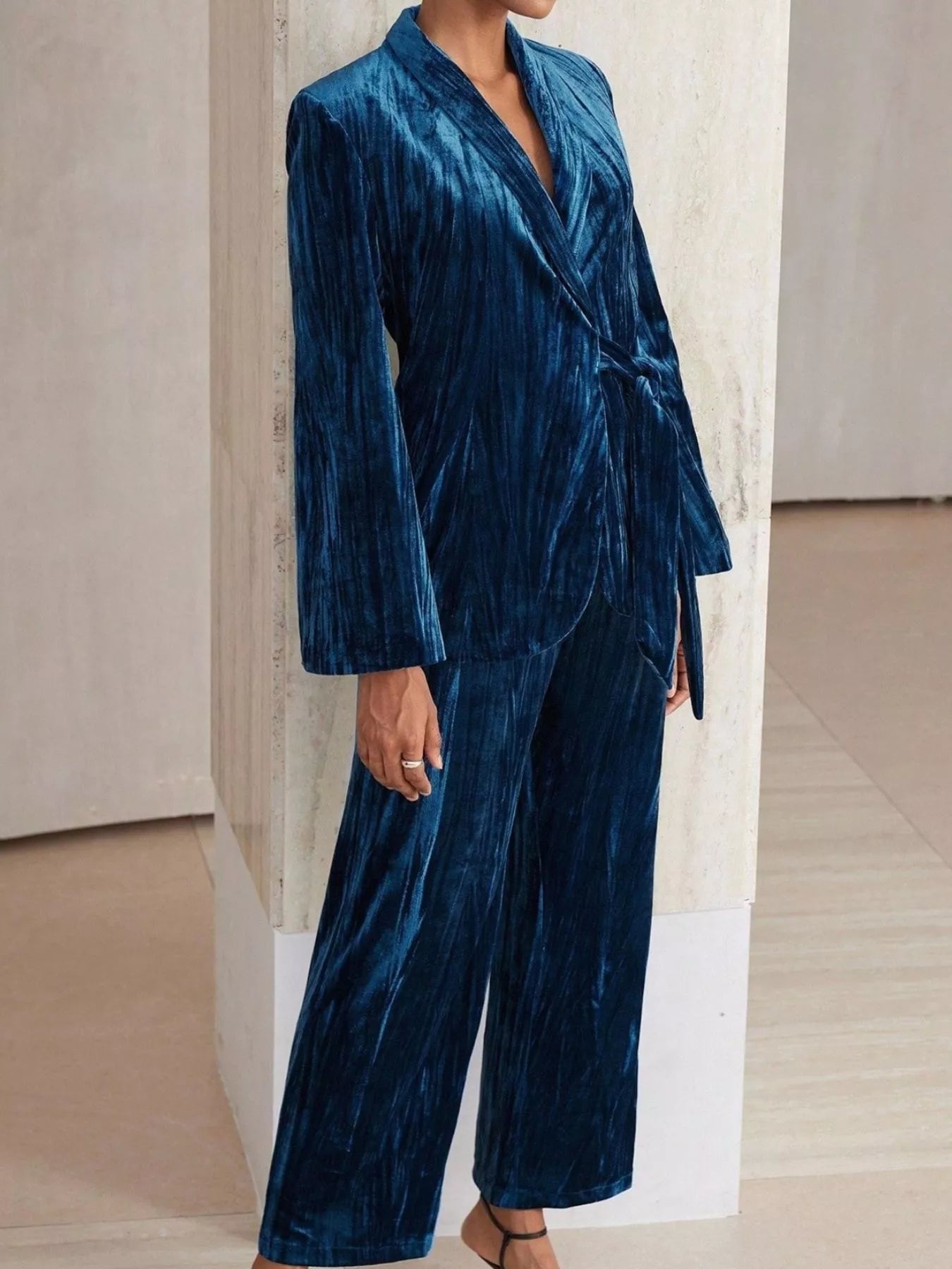 Velvet Tie Waist Blazer and Pants Set