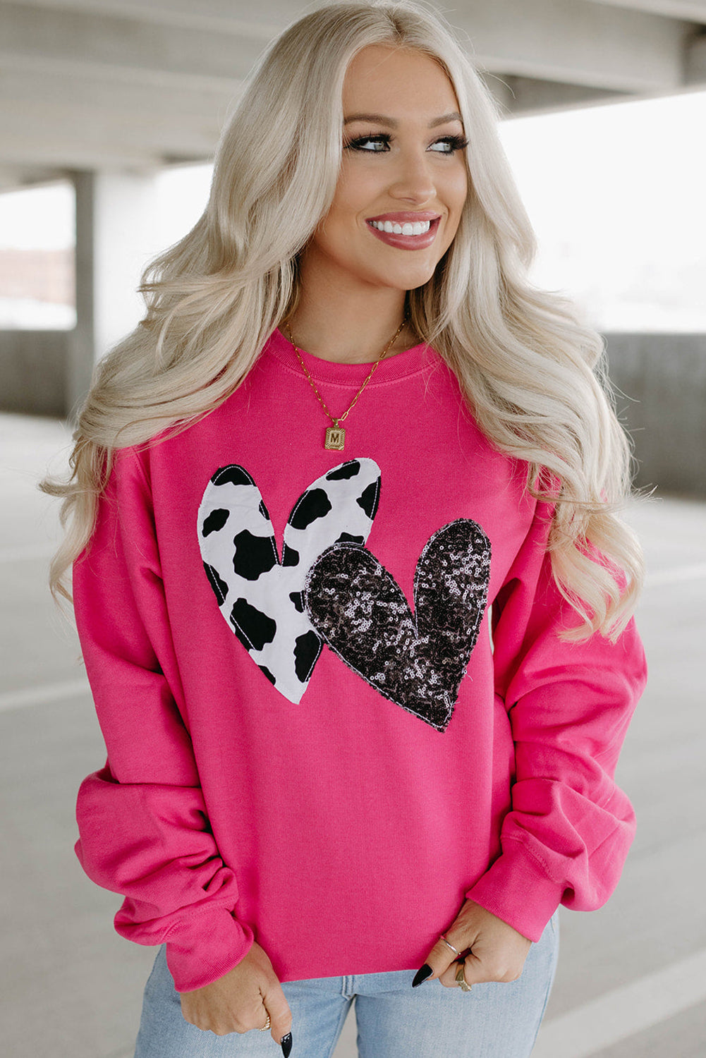 Sequin Double Heart Graphic Sweatshirt