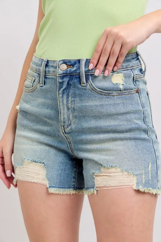 Judy Blue Fly Stitch Detail and Destroy Denim Shorts MD L