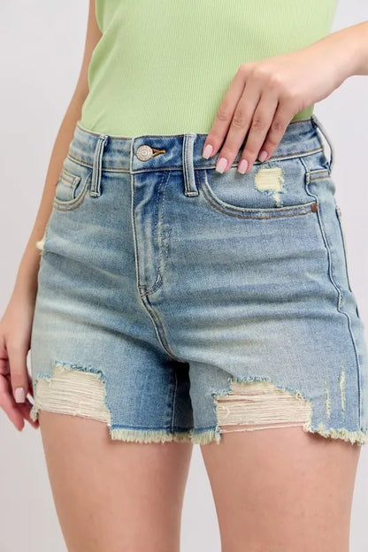 Judy Blue Fly Stitch Detail and Destroy Denim Shorts MD L