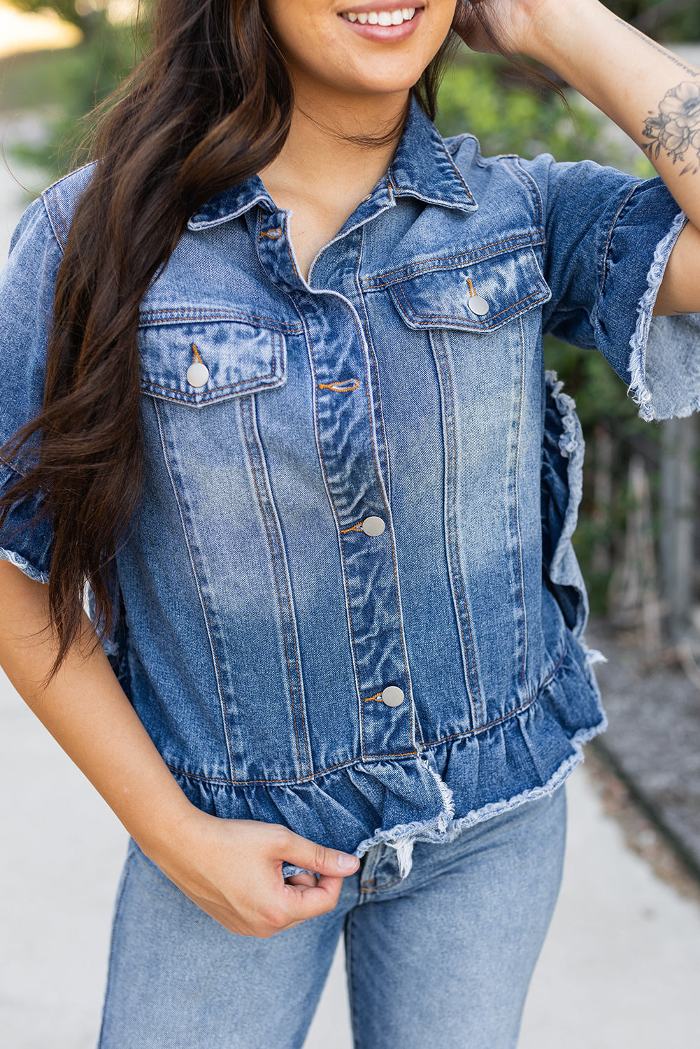 Raw Edge Ruffled Denim Jacket   