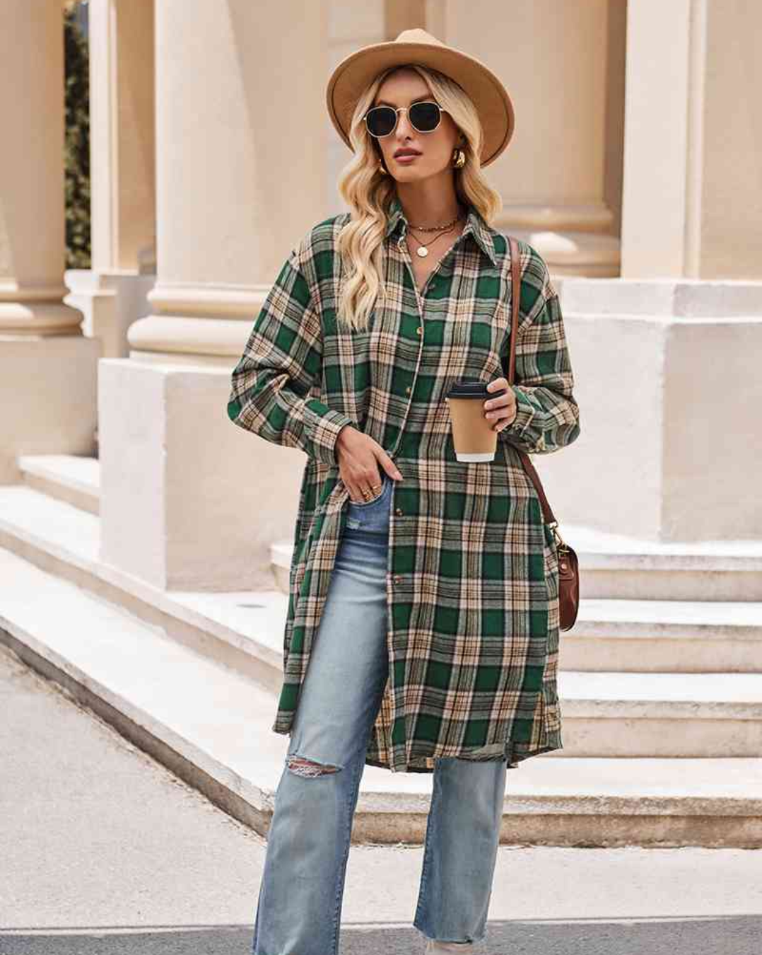 Plaid Collared Neck Long Sleeve Coat   