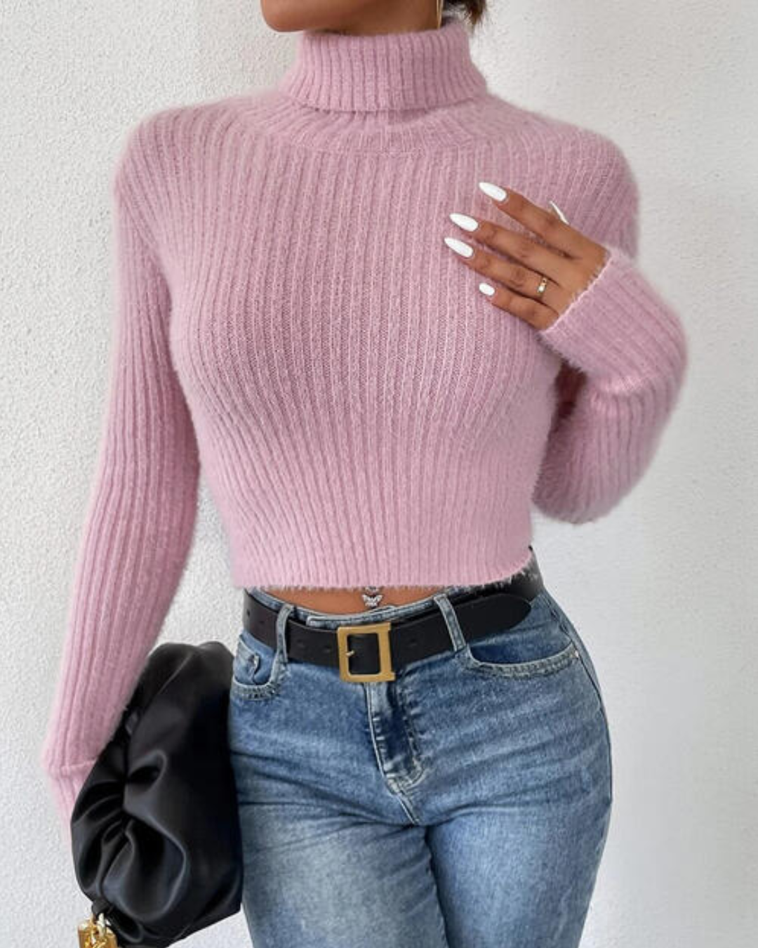 Ribbed Turtleneck Long Sleeve Sweater Carnation Pink S 