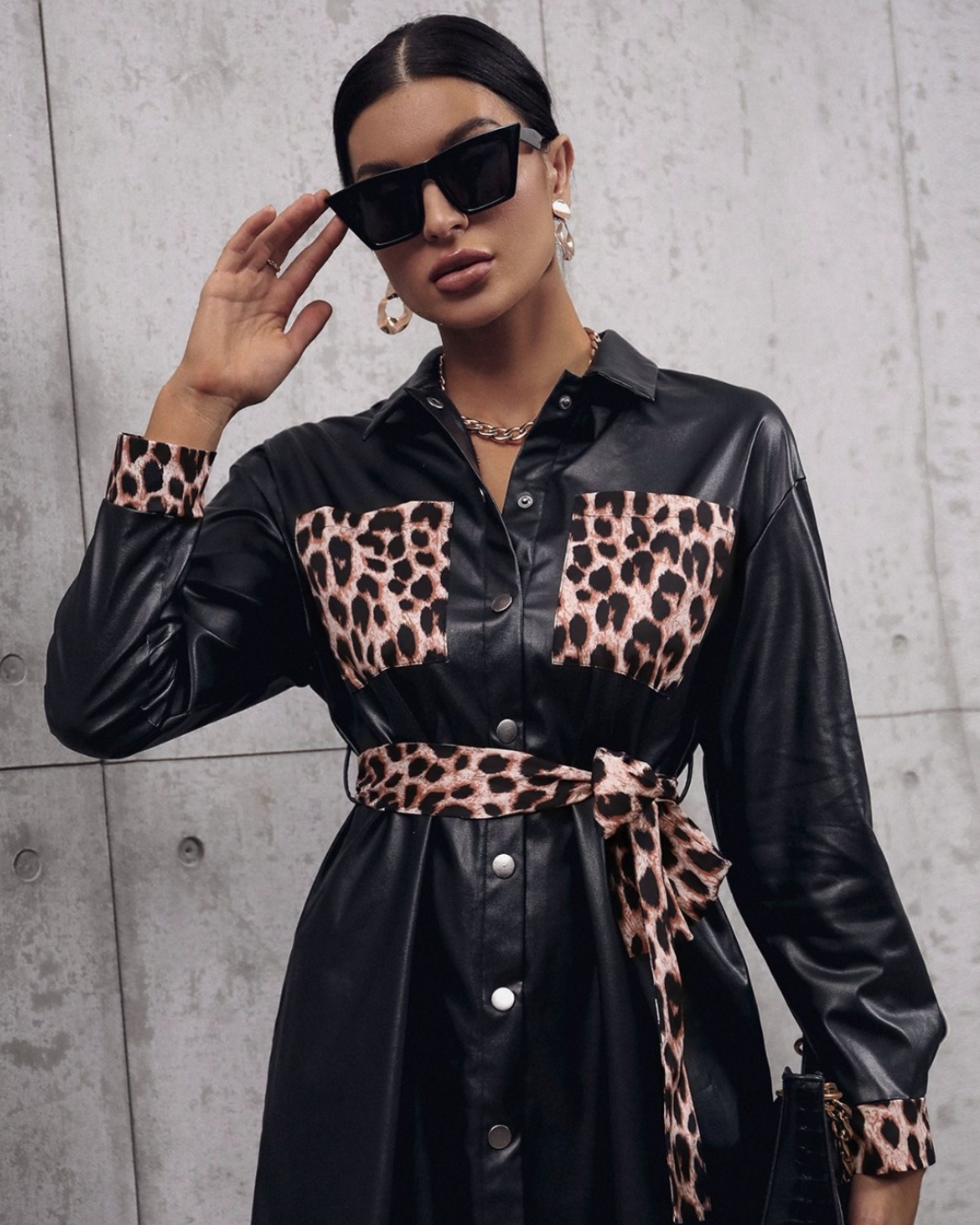 Tied Leopard Trench Coat Black S 