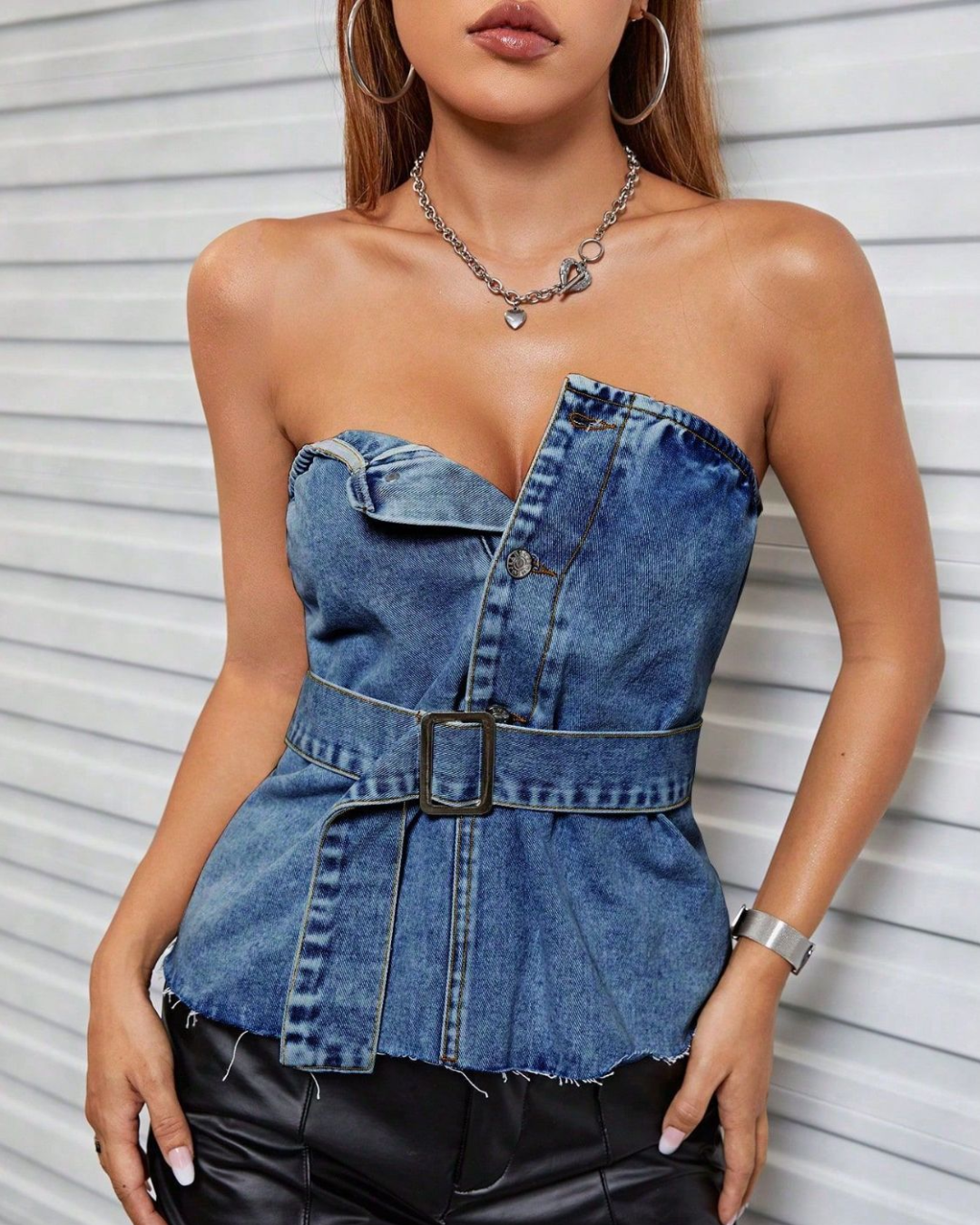 Buttoned Raw Hem Tube Denim Top   