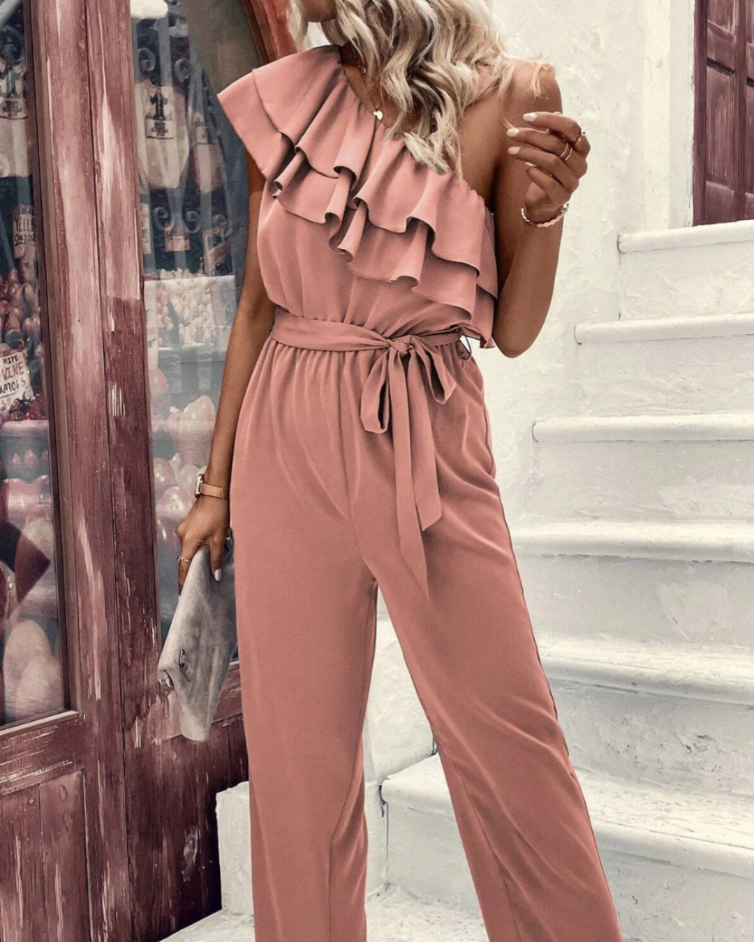 Dusty Pink Ruffle Trim Belted Jumpsuit   