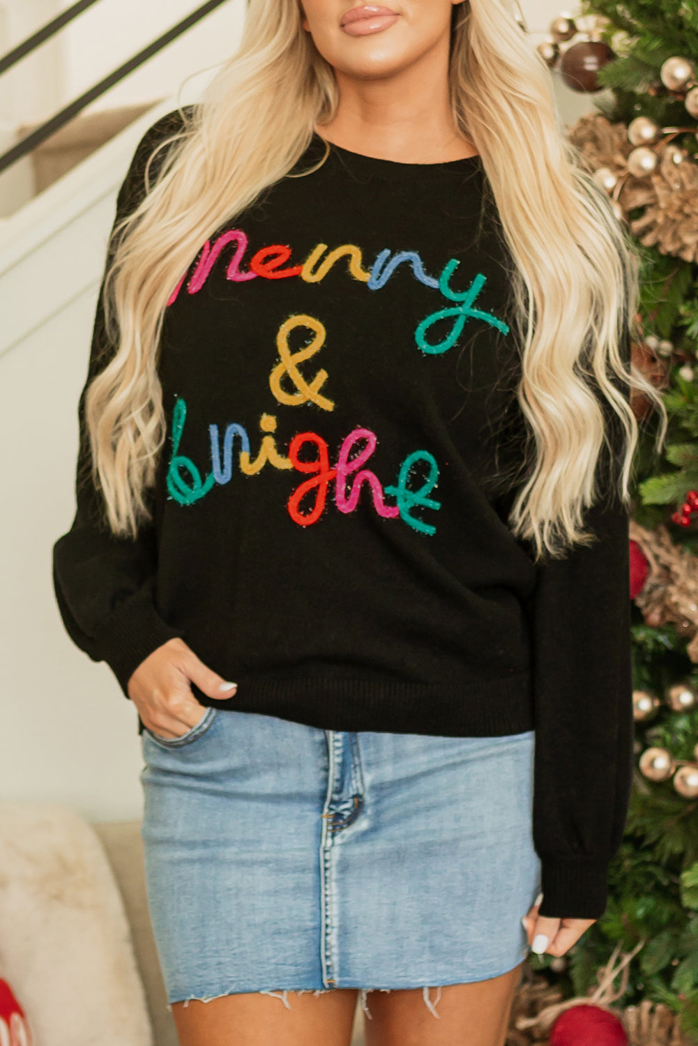 Black Colorful Merry & Bright Tinsel Graphic Sweater   