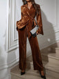 Velvet Tie Waist Blazer and Pants Set Tan S