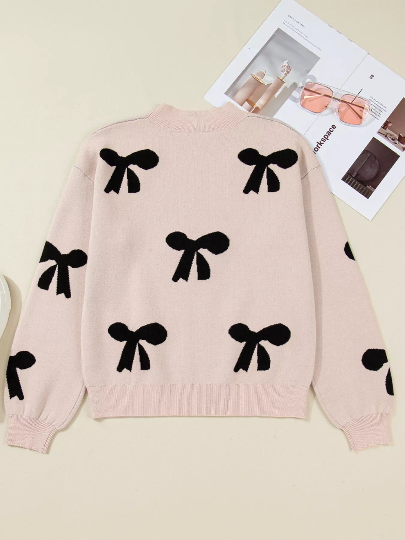 Pearl Embellished Bow Pattern Loose Sweater