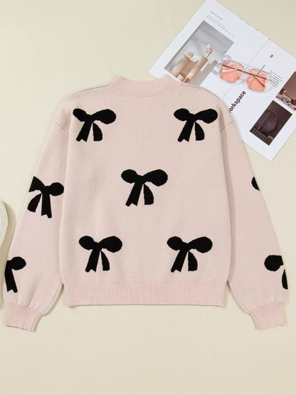Pearl Embellished Bow Pattern Loose Sweater