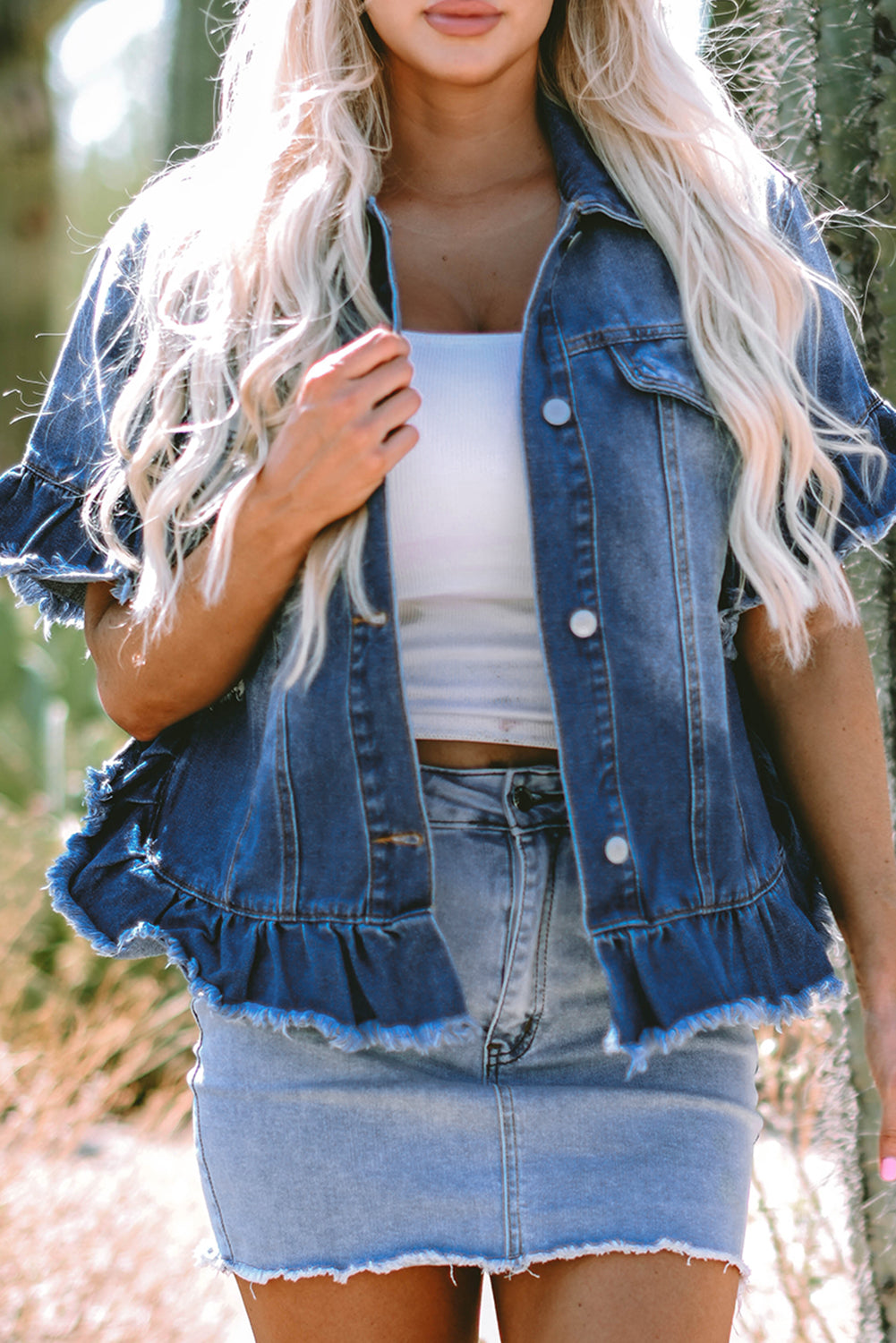 Raw Edge Ruffled Denim Jacket   