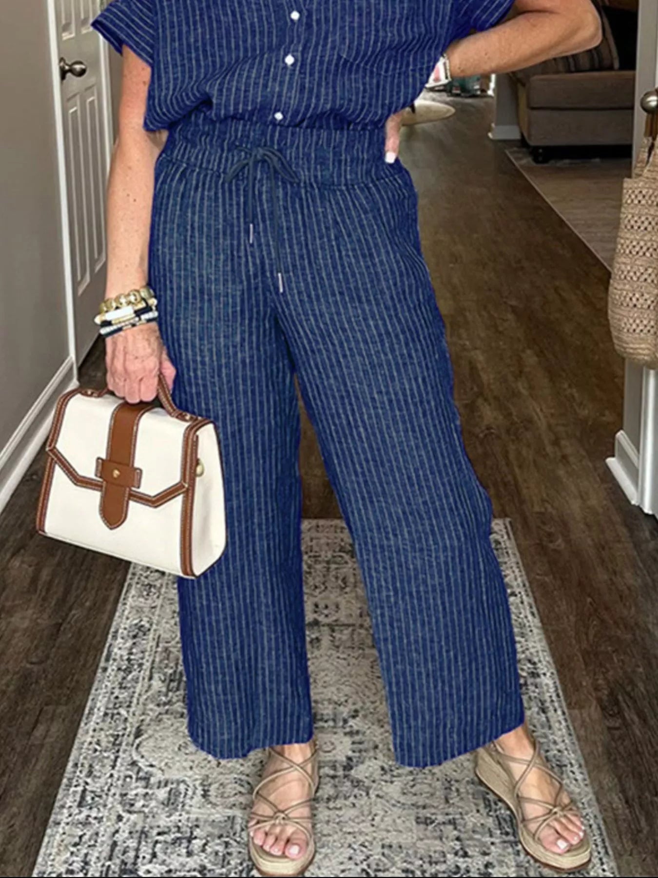 Striped Button-Up Shirt With Wide Leg Pants