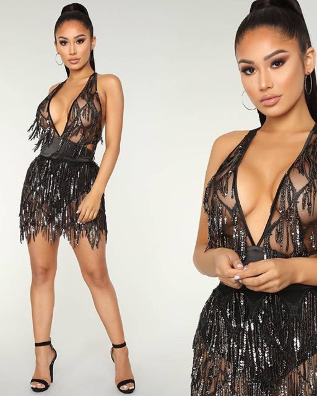 Backless Sequin Dress S Black 