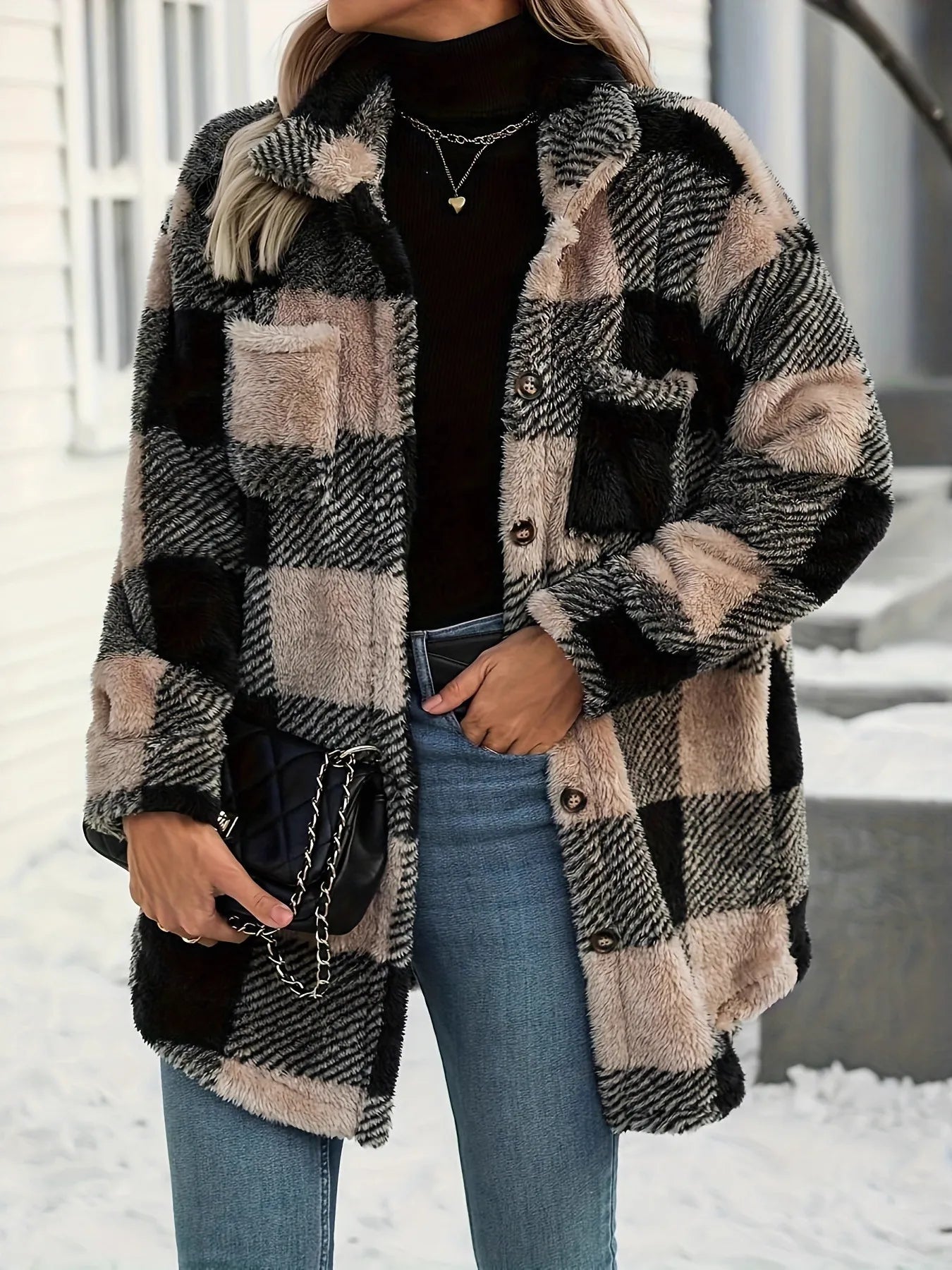 Button Down Collared Neck Plaid Teddy Coat Black S
