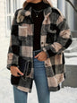 Button Down Collared Neck Plaid Teddy Coat Black S