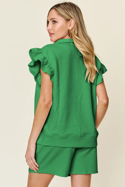 Texture Flounce Sleeve Top and Drawstring Shorts