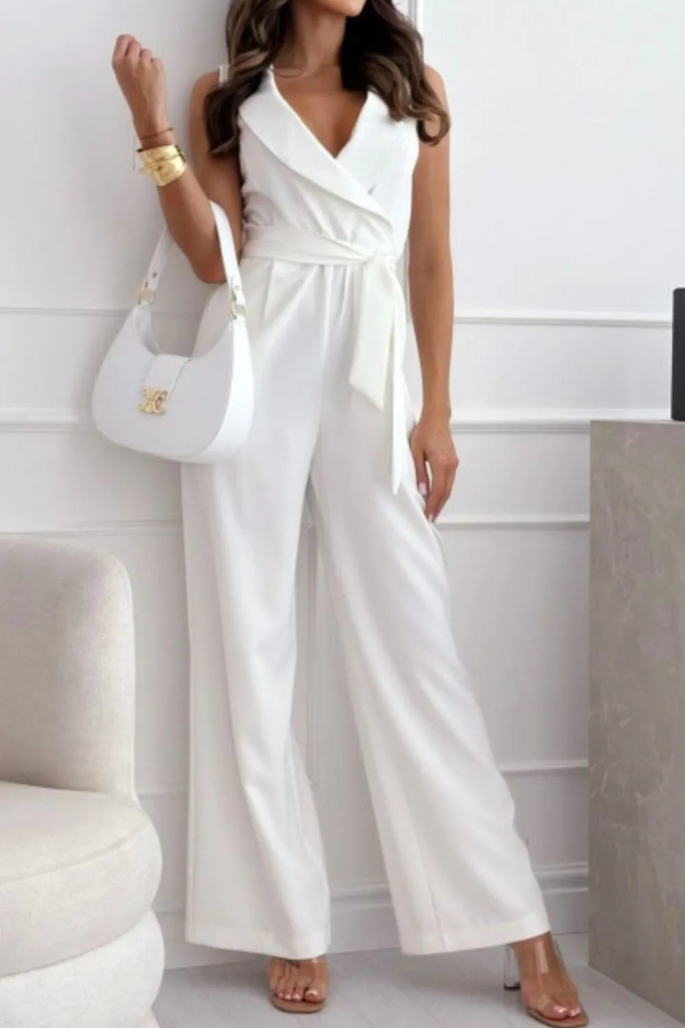Surplice Sleeveless Wide Leg Jumpsuit White S
