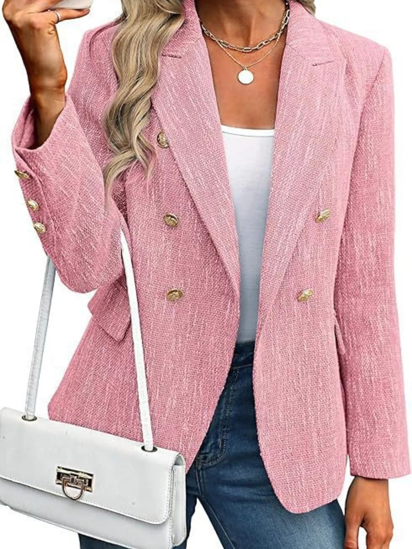 Double-Breasted Lapel Collar Blazer Pale Blush S