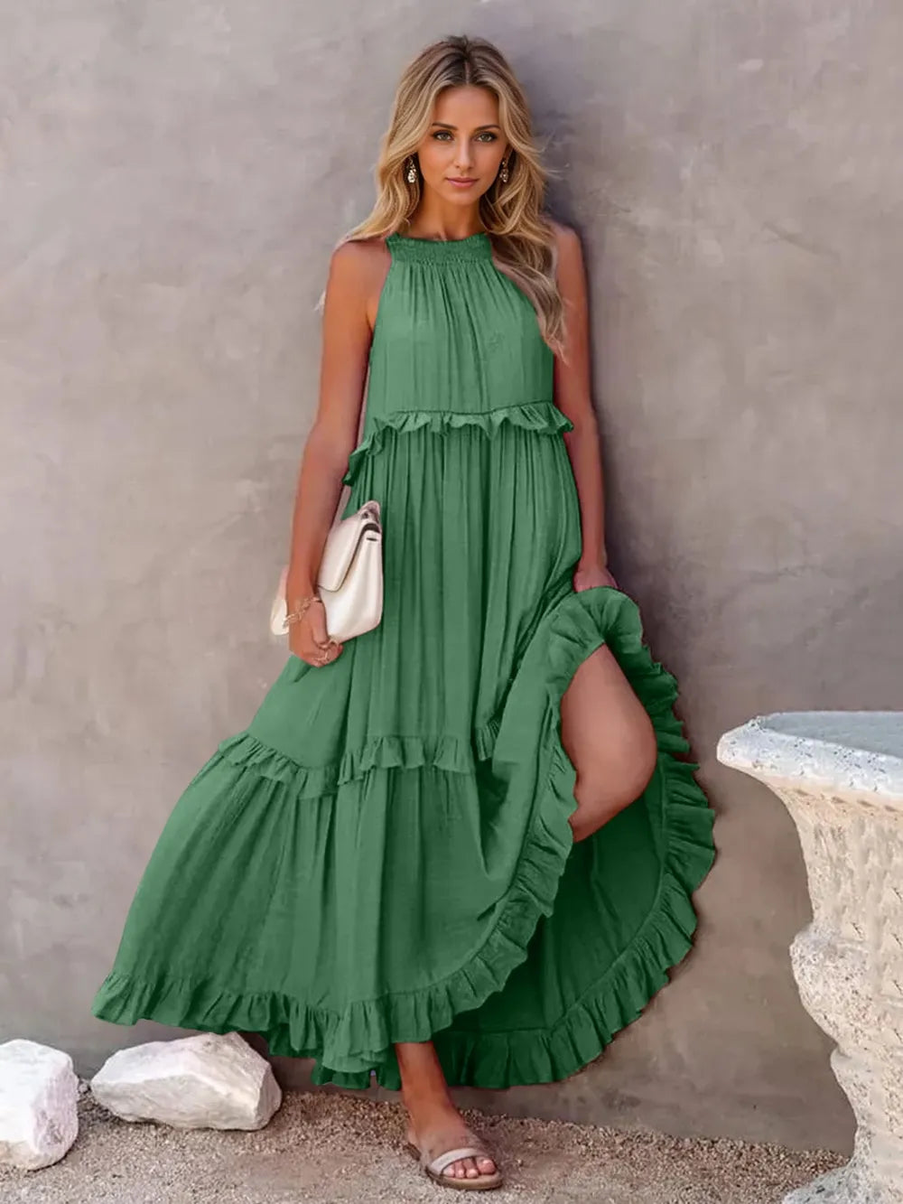 Ruffled Sleeveless Tiered Maxi Dress with Pockets Dark Green S