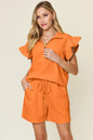 Texture Flounce Sleeve Top and Drawstring Shorts Tangerine S