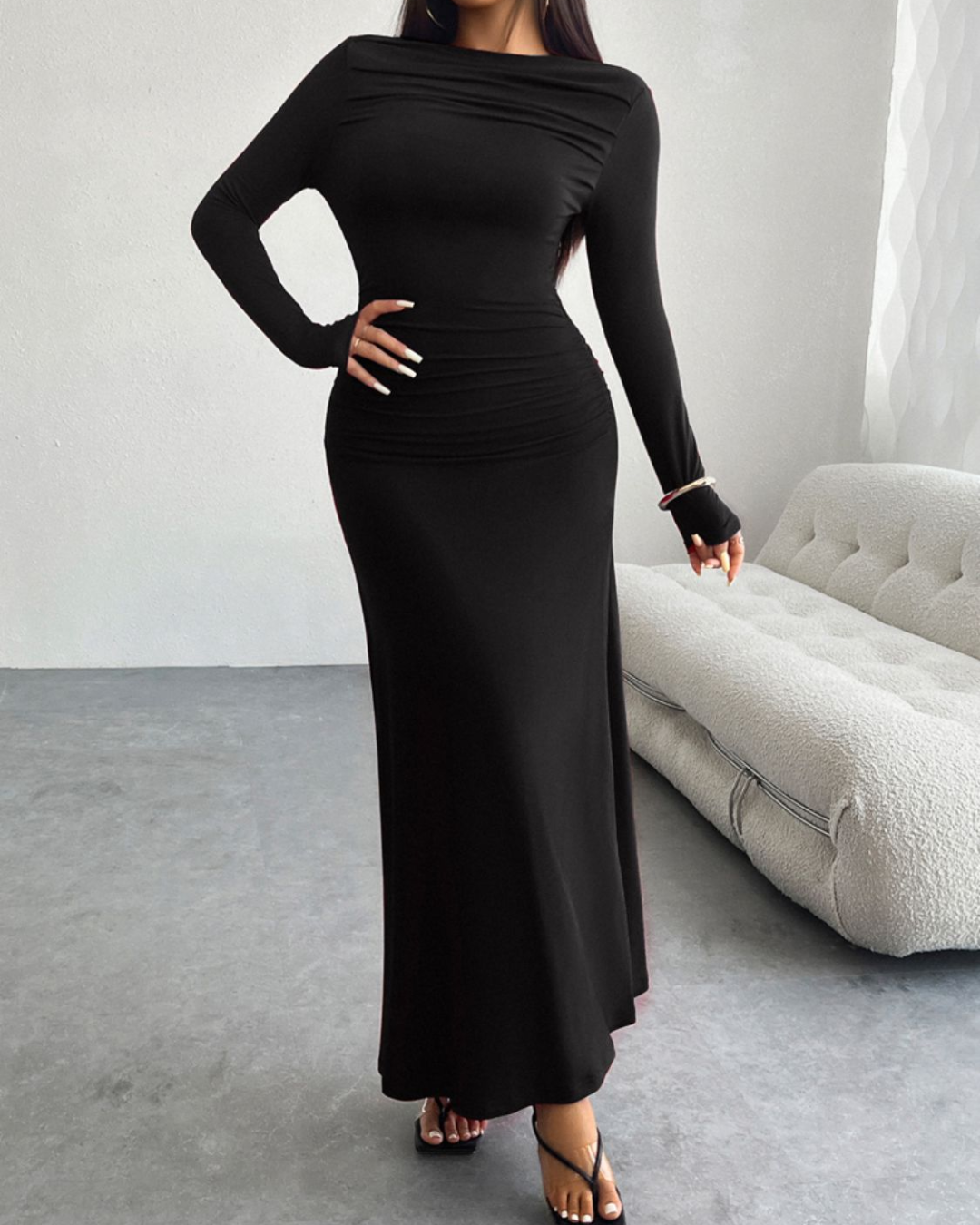 Ruched Long Sleeve Maxi Dress   