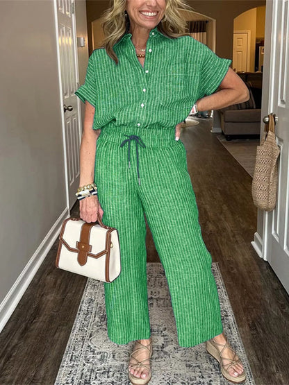 Striped Button-Up Shirt With Wide Leg Pants Green XS