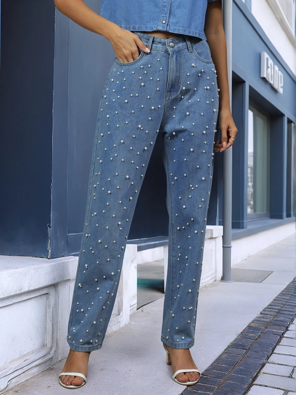 Pearl Detail Jeans with Pockets Medium XL