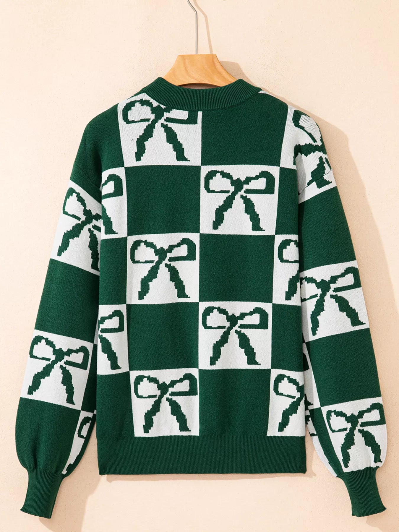 Checkered Bow Round Neck Casual Sweater