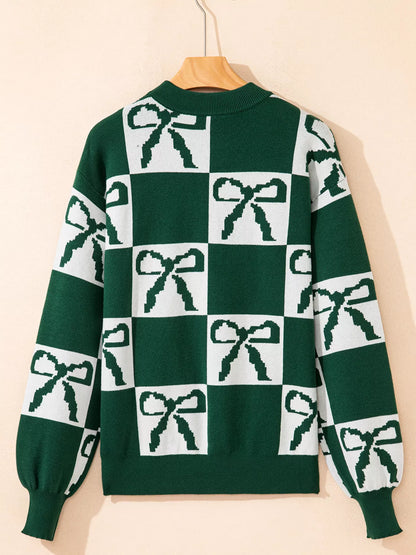 Checkered Bow Round Neck Casual Sweater