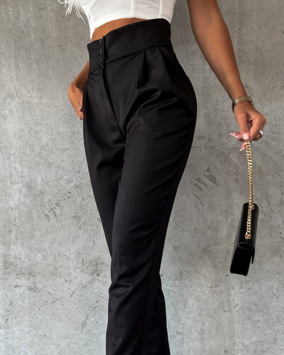 Black Button High Waist Tapered Pants   