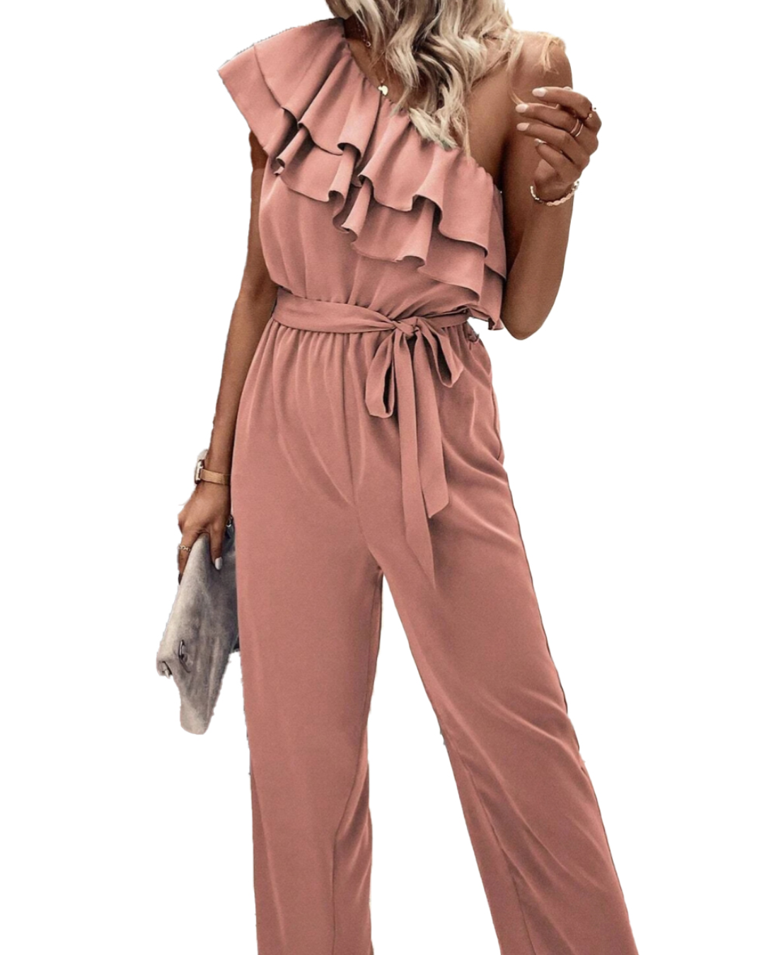 Dusty Pink Ruffle Trim Belted Jumpsuit   