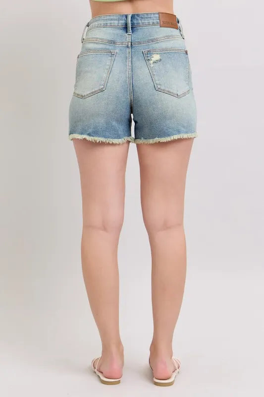 Judy Blue Fly Stitch Detail and Destroy Denim Shorts