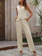 Button Down V-Neck Vest and Pants Set Beige S