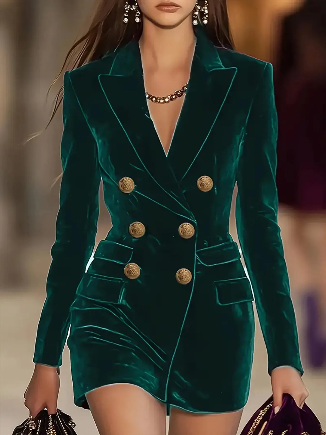Velvet Double-Breasted Blazer Dress Green S