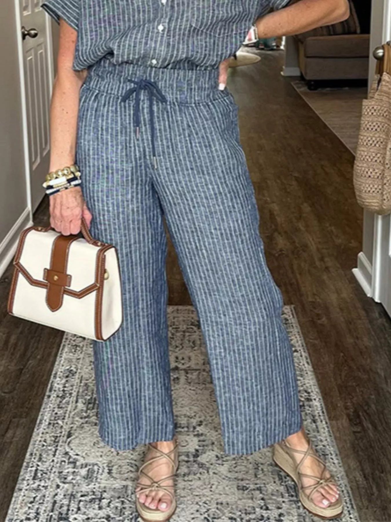Striped Button-Up Shirt With Wide Leg Pants