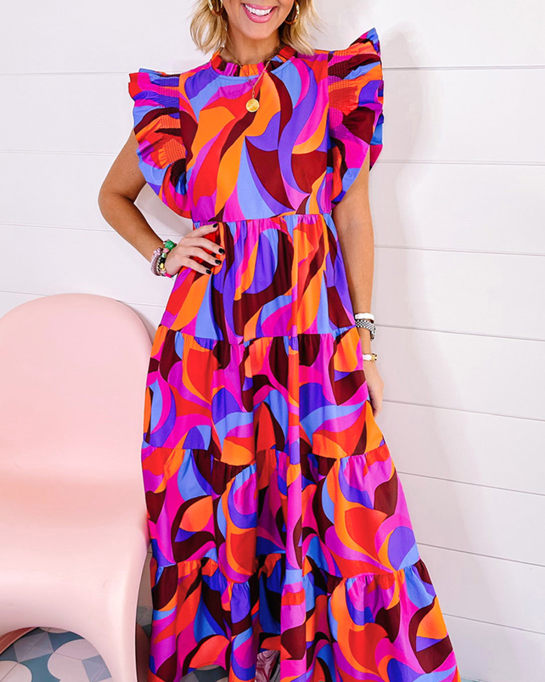 Orange Abstract Printed Ruffle Dress   