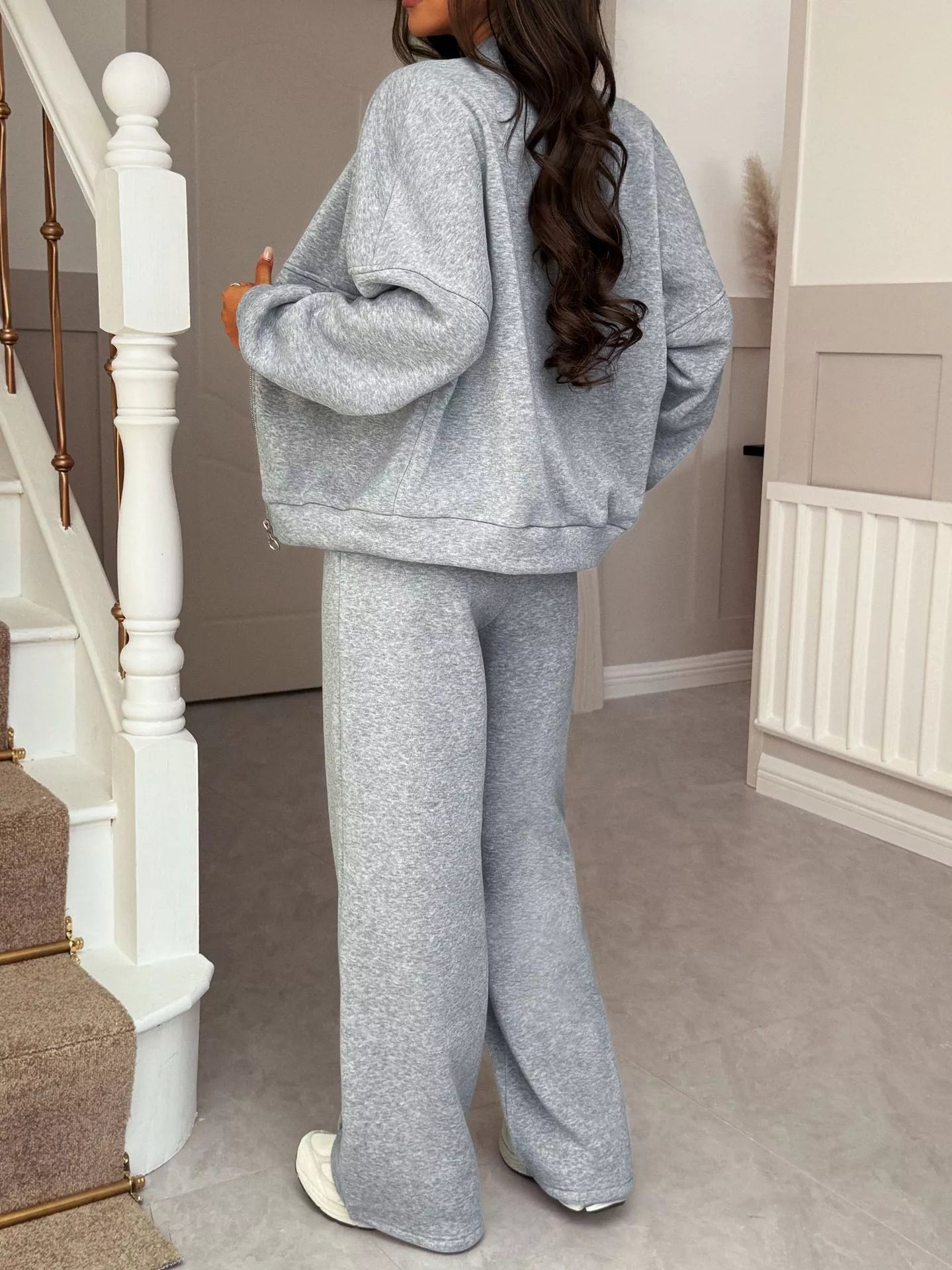 Casual Zipper Front Top and Wide Leg Pants Set