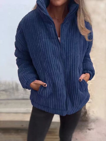 Full Size Zip Up Turtleneck Long Sleeve Winter Coat Plus Size Dark Blue S