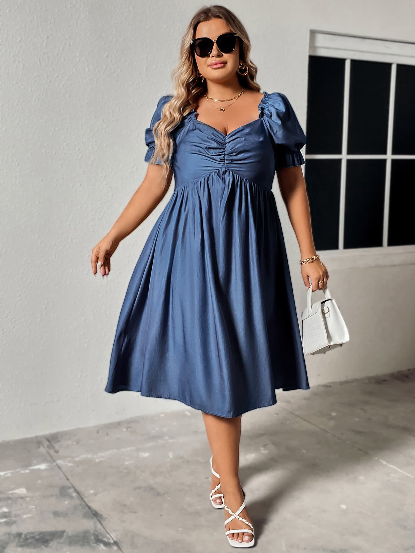 Honey Plus Size Ruched Sweetheart Neck Dress Blue 1XL