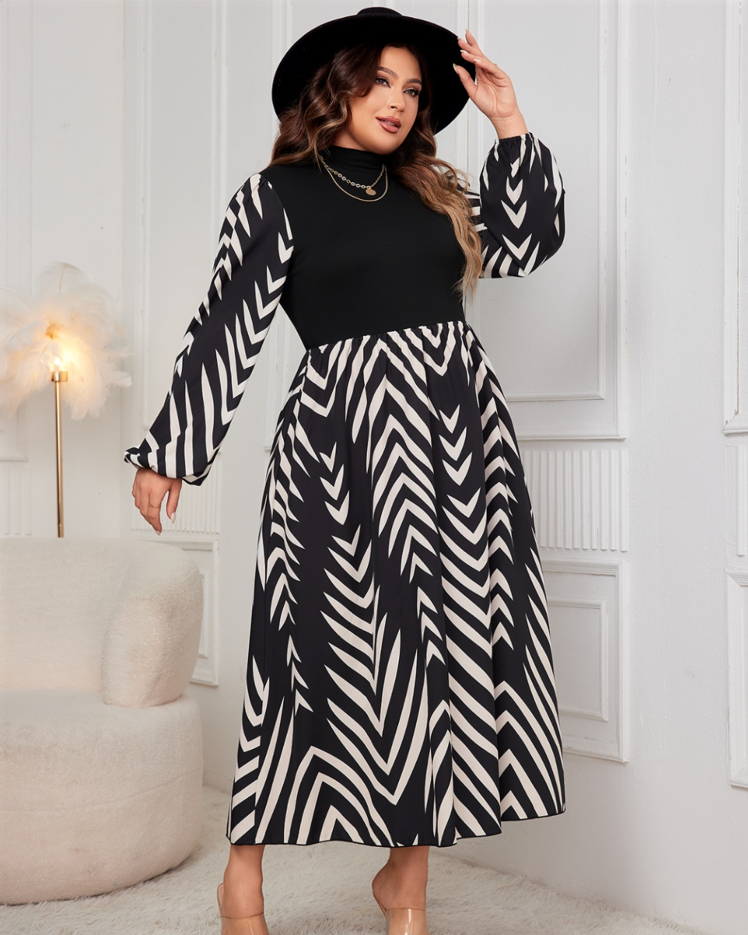 Plus Size Printed Mock Neck Midi Dress   