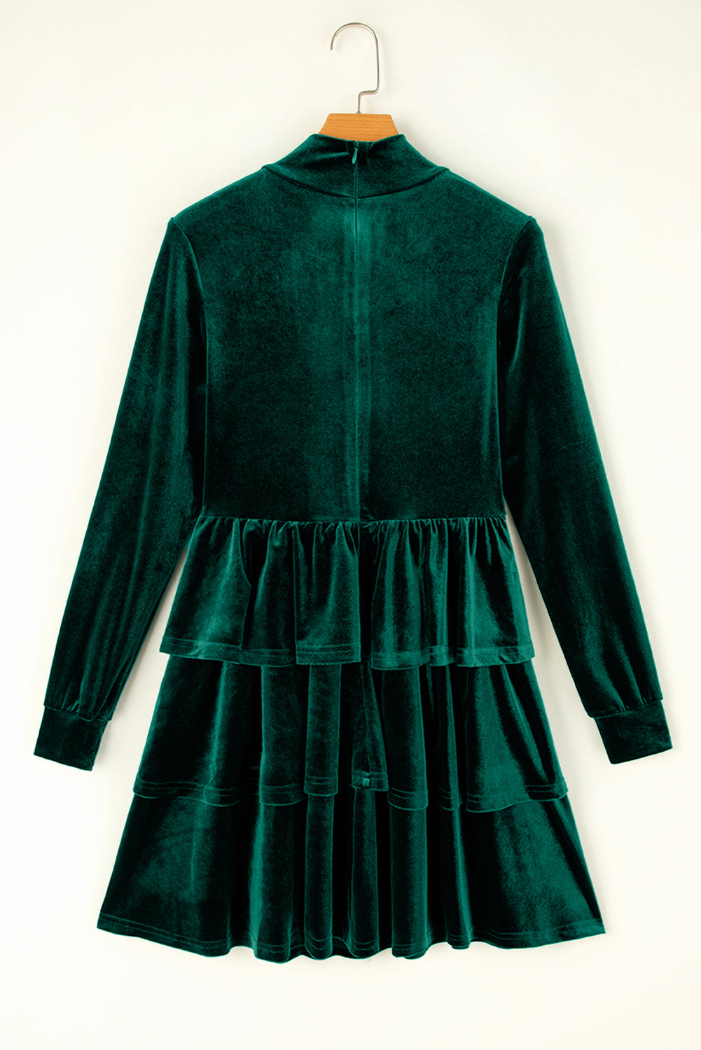 Evergreen Velvet High Neck Tiered Ruffle Mini Dress   