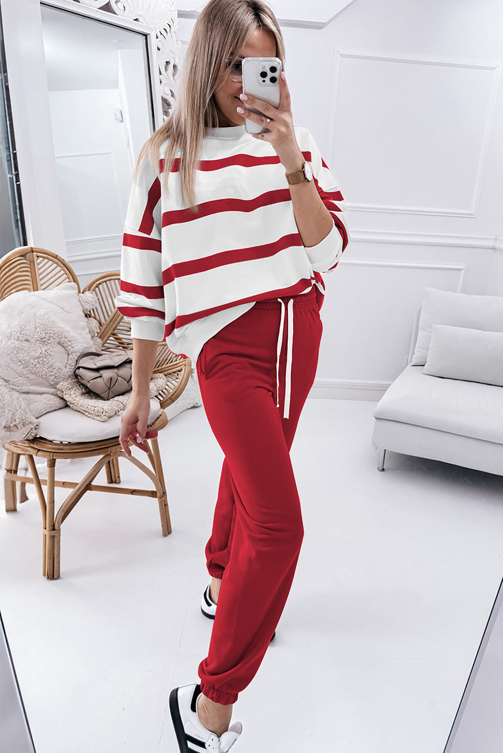 Red Stripe Drop Shoulder Pullover and Jogger Pants Set   