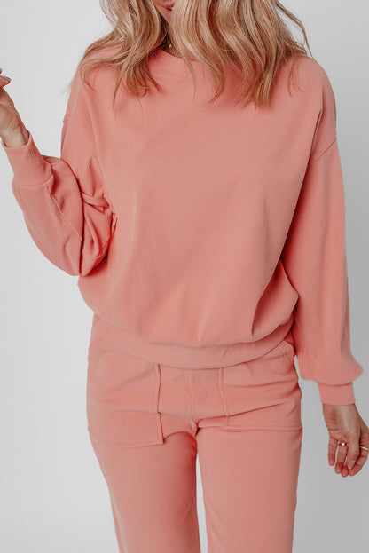 Blossom Ribbed Knit Drop Shoulder Pocketed Two Piece Lounge Set   
