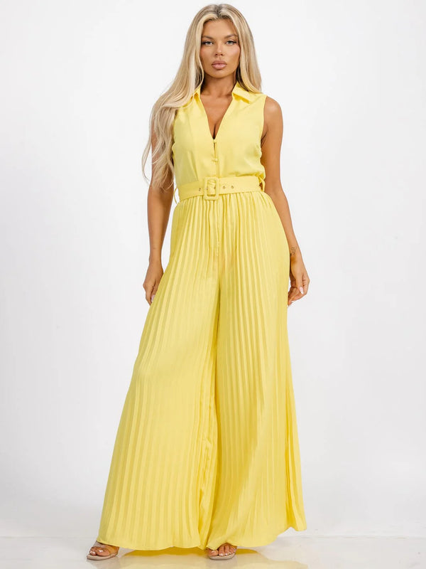 SLEEVELESS BUTTON UP BELTED WIDE LEG PLEATED JUMPSUIT