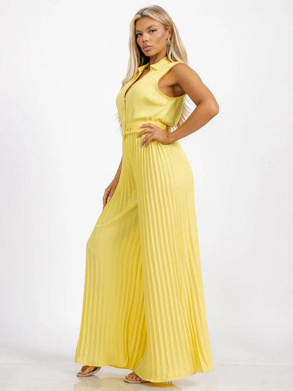 SLEEVELESS BUTTON UP BELTED WIDE LEG PLEATED JUMPSUIT