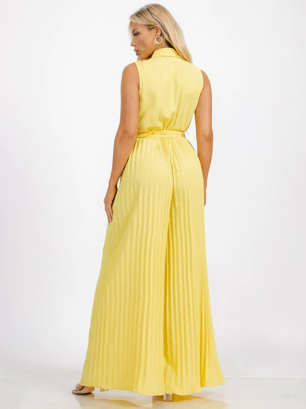 SLEEVELESS BUTTON UP BELTED WIDE LEG PLEATED JUMPSUIT