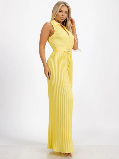 SLEEVELESS BUTTON UP BELTED WIDE LEG PLEATED JUMPSUIT