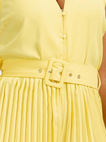 SLEEVELESS BUTTON UP BELTED WIDE LEG PLEATED JUMPSUIT