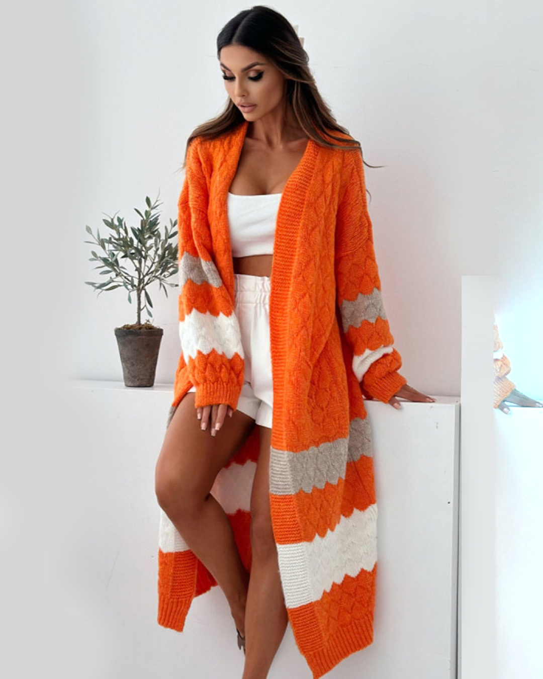 Longline Contrast Knitted Cardigan One Size Orange 